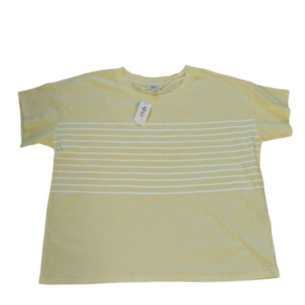 Style & Co T Shirt Women 3X Plus Yellow White Stripes 100% Cotton Relaxed Tee